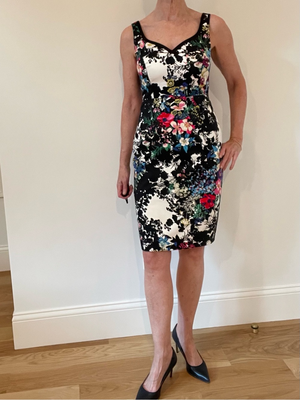 Leifnotes Floral Sheath Dress in Black & White with Pink Accents
